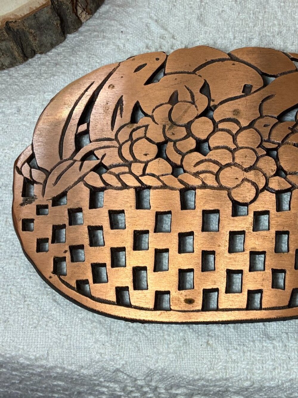Vintage Copper Cast Iron Fruit Basket Trivet 9"
